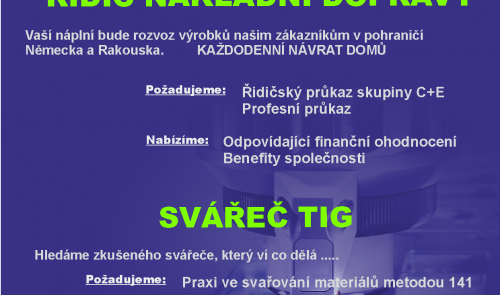 Nabídka zaměstnání - řidič, svářeč
