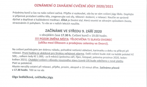 Zahájení cvičení jógy s Olgou Sedláčkovou