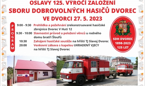 Pozvánka na oslavy 125 let SDH Dvorec 27.5.2023
