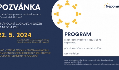 Pozvánka na setkání zástupců obcí, sociálních služeb a veřejnosti u kulatých stolů 22.5.2024