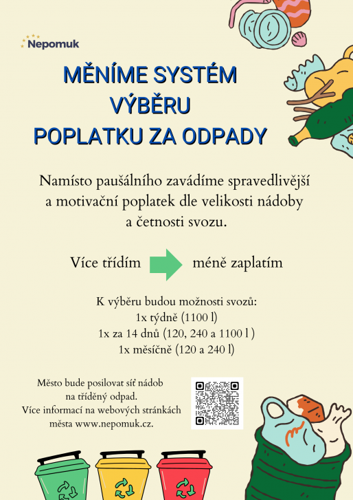 MĚNÍME SYSTÉM VÝBĚRU POPLATKU ZA ODPADY  Namísto paušálního zavádíme spravedlivější a motivační poplatek dle velikosti nádoby a četnosti svozu.  Více třídím → méně zaplatím  K výběru budou možnosti svozů: 1× týdně (1100 l) 1× za 14 dnů (120, 240 a 1100 l) 1× měsíčně (120 a 240 l)  Město bude posilovat síť nádob na tříděný odpad. Více informací na webových stránkách města www.nepomuk.cz