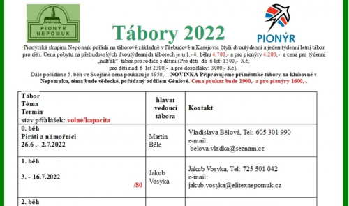 Tábory 2022 - Pionýr Nepomuk - kam na tábor