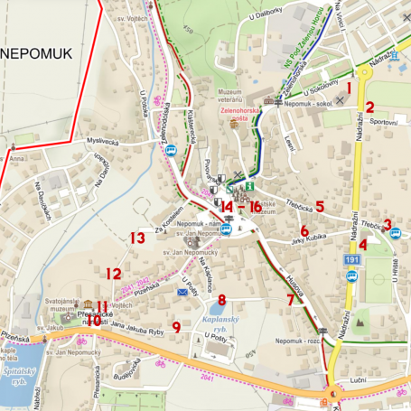Mapa s vyznačenými místy jednotlivých zastavení úkolové hry Fašanková stezka